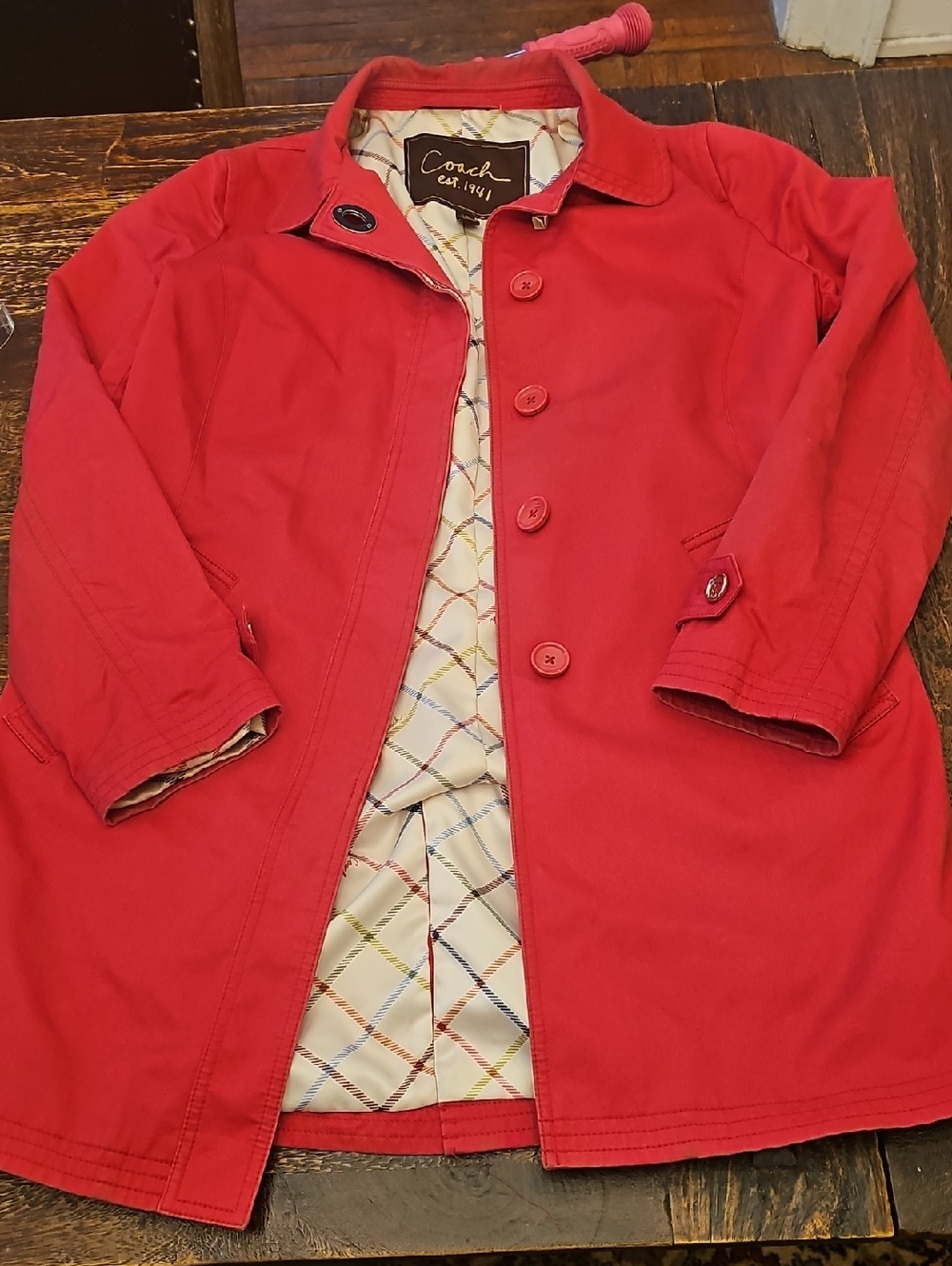 Coach Vibrant Magenta Button-Front Cotton Coat Large Trench